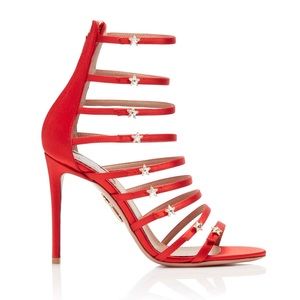 Aquazzura Red Satin Crystal Star Heeled Sandals 39